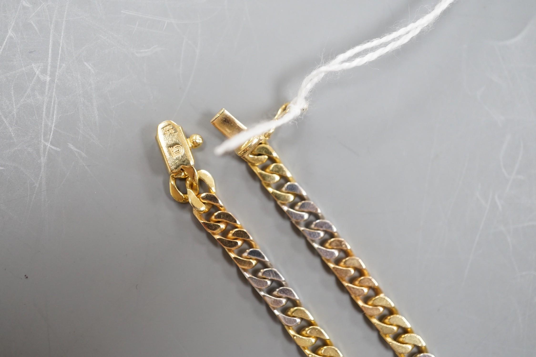 A modern three colour 18ct gold curb link chain, 39cm, 28.8 grams.